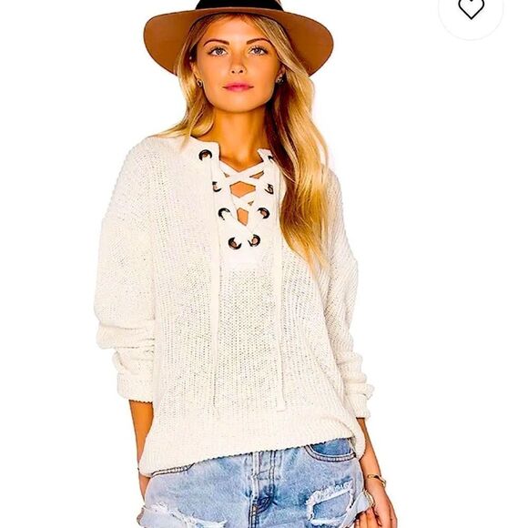 JOA Los Angeles Cream Shaker Knit Lace Up Crewneck Sweater Sz S - Picture 5 of 9